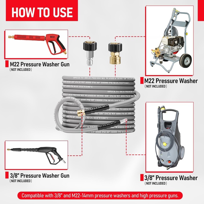 SPECILITE 3/8" Pressure Washer Hose 50FT for Hot & Cold