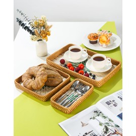 Rattan Serving Tray for Home Decor and Coffee Table Decor Wicker and Woven Tray Rectangle Decorative Serving Tray Set of 3 with Mother of Pearl Inlay