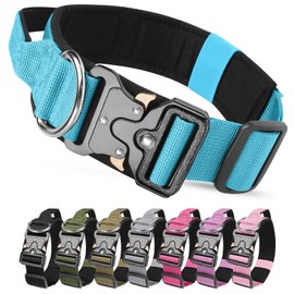 Tactical Dog Collar with Handle, Heavy Duty Padded Dog Collar with Metal Buckle, Wide Adjustable Tactical Collars for Medium Large Dogs Training (Blue, L)