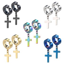 5 Pairs Stainless Steel Fake Earrings Men Women Cross Earrings Cross Silver Gold Black Hoop Clip Earrings 14 mm