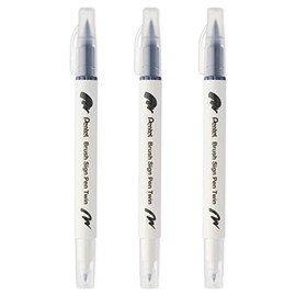Pentel SESW30C-T112E Brush Sign Pen Twin Fibre Tip Pen - Double Ended - Water-based Ink - Pack of 3 - Light Grey