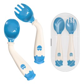 Deejoy - Juego de utensilios para niños pequeños con funda de viaje, cucharas y tenedores para autoalimentación, mango plegable de silicona, fácil agarre, resistente al calor, juegos de cubiertos autoalimentados para niños (etapa 2), color azul