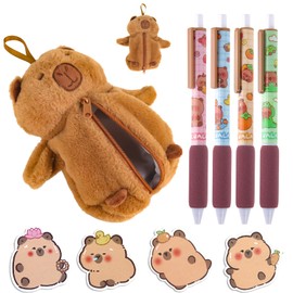 Prmape Capybara Plush Pencil Case, Cute Plush Pencil Case Set, 3D Pencil Case for Stationery with Zip, with 4 Gel Pens & 4 Note Stickers, Gift for Girls and Boys