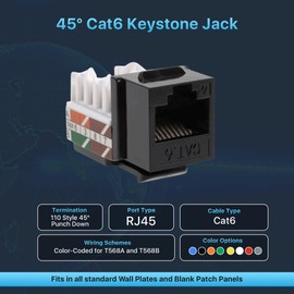 SATMAXIMUM 50 Pack Cat6 Keystone Ethernet Wall Jacks RJ45 Punch Down Slim Profile UTP Black, 45 Degree for Patch Panel & Wall Plate, Supports Up to 10Gbps