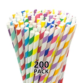200 Party Straws Disposable 7.75" x 0.24" Biodegradable Colorful Stripe Paper Drinking Straw for Milkshake Coffee Cocktail Lemonade, Great for Birthday Wedding Holiday Celebrations DIY Decorations
