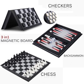 Joneytech Travel Chess Set for Kids and Adults, 3 in 1 Magnetic Chess Board for 3D Chess Checkers Backgammon Game Set 9.8‘‘ with Storage Bag, Portable Folding Board Game Toys