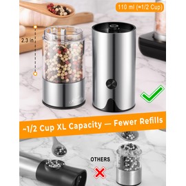 Rechargeable Electric Salt and Pepper Grinder Set - Extra Large Capacity - Automatic Black Peppercorn & Sea Salt Spice Mill Set with Adjustable Coarseness & LED Light Refillable