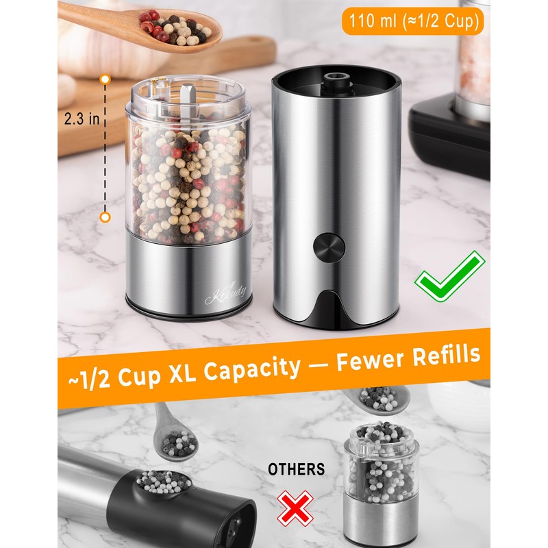 Rechargeable Electric Salt and Pepper Grinder Set - Extra Large