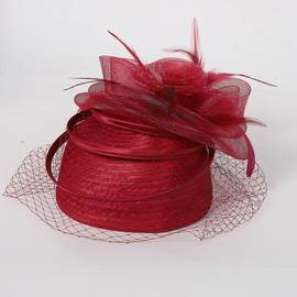 Woman Feather Fascinator Hat Pillbox Derby Hats with Veil Clip Vintage Bridal Wedding Tea Party Cap Wine Red