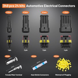 Filluck 349PCS Car Automotive Electrical Wire Connectors 1/2/3/4 Pin 24 Kits Connectors Kit Waterproof with Ratchet Crimping Tool 22-16 AWG