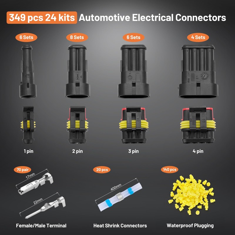 Filluck 349PCS Car Automotive Electrical Wire Connectors 1/2/3/4 Pin 24