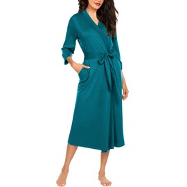 Ekouaer Dressing Gown for Women 3/4 Sleeve Kimono Casual Robe Sauna Gown Soft Lightweight Long Loungewear V-Neck Dressing Gown S-XXL, Blue Green