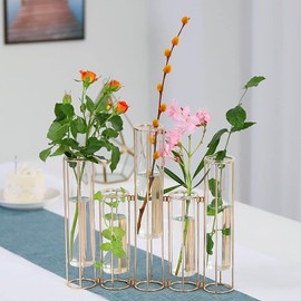 Bigsee Test Tube Vase for Flowers, Glass Vase with Metal Stand Racks Hydroponic Test Tube Vase Set of 5, Gold Hinged Plant Vases Display Set Table Centerpieces Vase for Home Decor
