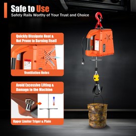 1100lbs 3-in-1 Electric Hoist Winch, 1500W 110V Power Winch Crane, Portable Electric Winch, w/Wire and Wireless Remote Control, Overload Protection for Lifting Towing Lifting Small Engines,Orange