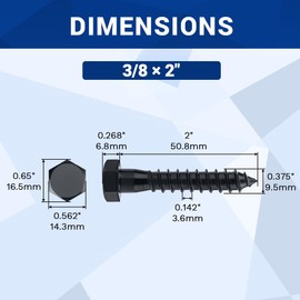 3/8 x 2 Black Hex Head Lag Screws Bolts (10 pcs), 304 Stainless Steel 18/8, Black Oxide Coated, Partial Thread, Deck Screws, Heavy Duty Hex Head Wood Lag Screws, Fayeploo