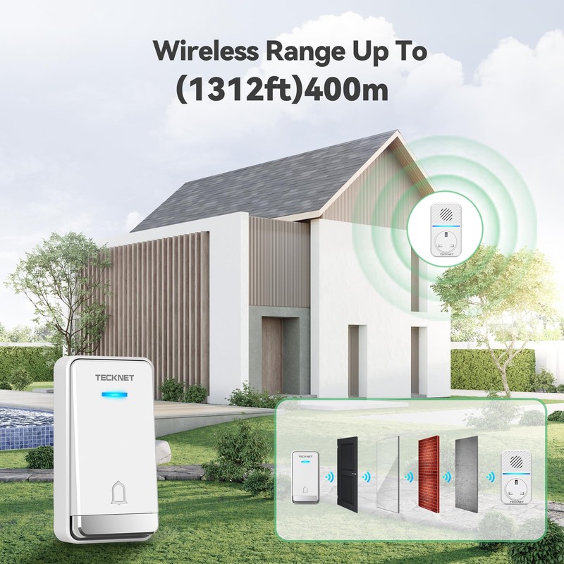 TECKNET Plug Through Wireless Doorbell with AC/USB Sockets, IP65 Waterproof