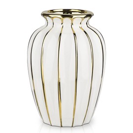 White & Gold Ceramic Flower Vase - 7.8" Modern Vertical Stripe Pottery Wave Vase | Ribbed Textured Flower Vase for Home Decor Bedroom Office Living Room Bathroom Table Centerpiece