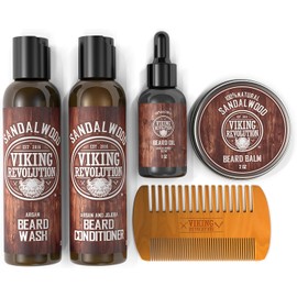Viking Revolution Kit de acondicionador para el cuidado de la barba – Kit de aseo de barba para hombres suaviza, suaviza y alivia la picazón de la barba, contiene lavado y acondicionador, aceite para barba, bálsamo para barba y peine para barba – Aroma a 