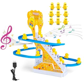 Small Ducks Climbing Toys, Electric Llittle Duck Climbing Stairs Toy, Funny Duck Roller Coaster Track Toy with 9 Duck LED Lights & Music Button, Small Duck Slide Toy for Toddlers Kids and Baby