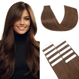 TESS Hair Extensions Tape In Real Human Hair Invisible Thin Type 10 Pcs 15G Lightweight For Highlight Straight - #04 Medium Brown - 16 Inch