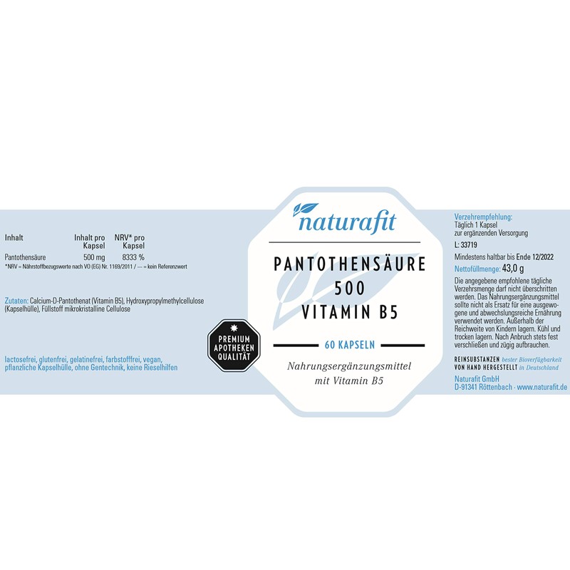 naturafit Pantothenic Acid 500 (Vitamin B5) Capsules, Pack of 60