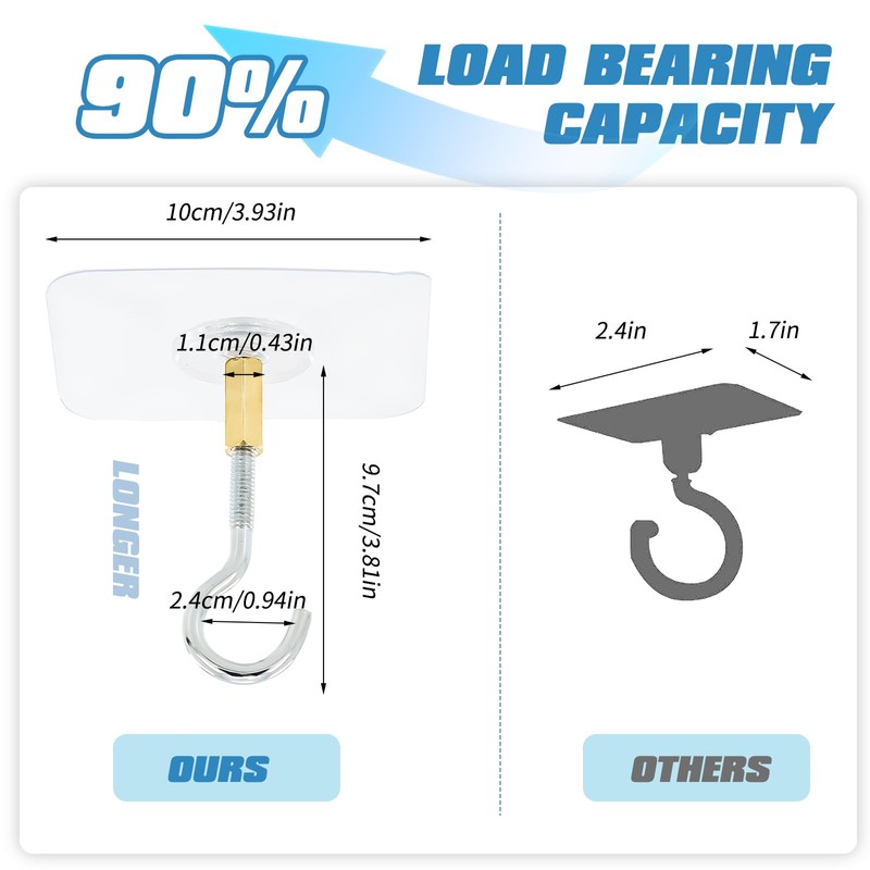 braxan 10 Pack Adhesive Ceiling Hooks, No Drilling Heavy Duty