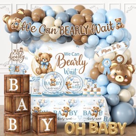 Bear Baby Shower Decorations,260pcs All-in-1 Blue Bear Party Decorations Plates and Napkins Cups Tablecloth Banner Backdrop for Boy Baby Shower Decorations