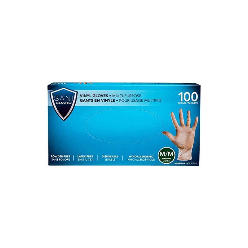 Sani Guard Vinyl Gloves, Medium , Single Pack, 100 Gloves