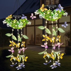 MEYCEMT Solar Hanging Garden Lights - 2 Pack Artificial Butterfly & Flower Decor LED Fairy Lights, IP65 Waterproof Patio Decor, Unique Garden Gift for Women Mum Grandma