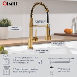 GIMILI Brushed Gold Kitchen Faucet with Pull Down Sprayer Single Handle LED Kitchen Sink Faucet