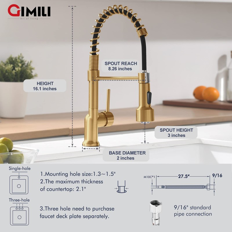 GIMILI Brushed Gold Kitchen Faucet with Pull Down Sprayer Single