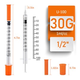 1CC/ML Syringes with 30G 1/2" (13mm) Needle, Lab Supplies, Individual Wrapped, Pack of 100 (1CC 30G 1/2"-100PACK)