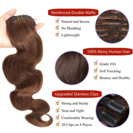 LUMIERE Clip In Hair Extensions Real Human Hair 120g Medium Brown Seamless Clip Ins Body Wave Clip In Extensions Black Women Double Wefts 8 Pcs 20 Clips #4 12 Inch