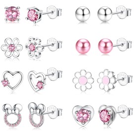 KALVICA 8Pairs 925 Sterling Silver Stud Earrings for Women Girls Cartilage Stud Sets Hypoallergenic Cubic Zirconia Lightweight Pink Flower daisy Cute Heart Butterfly Earrings for Teenage Kids Women