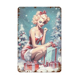 Christmas Girl Metal Tin Sign Vintage Santa Aluminum Sign Rustic Wall Decor For Home And Holiday Celebrations 8 x12 Inch Retro Tinplate Plaque