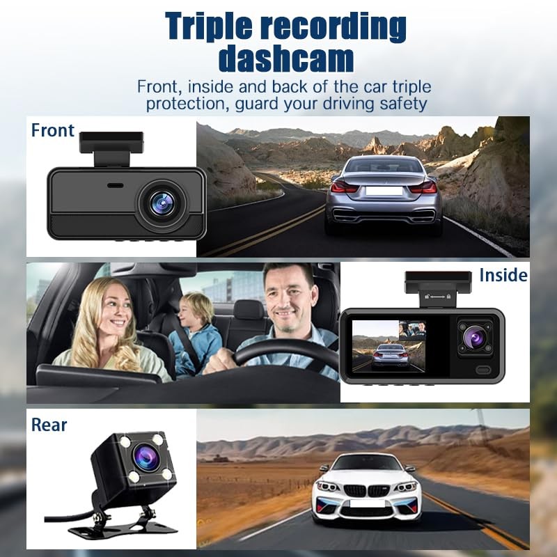WAVANCKY 3 Channel Dash Cam Front and Rear Inside for