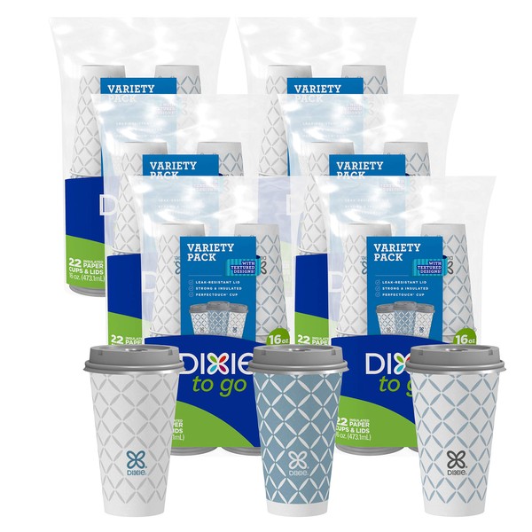 Dixie To Go Hot Beverage Cups & Lids, 16ounce, 132 Count, Assorted Designs, Disposable Paper Coffee Cups & Lids