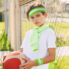Bememo 6 Pcs Neon Sweatbands Set for Men Women 80s Tennis Striped Headband Sports Wristband Set Costumes Glow Cosplay Party(White and Green)