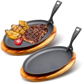 FoldTier 2 Sets Cast Iron Skillet Set 10.63'' x 6.89'' Fajita Plate Sizzling Pan with Wooden Base Anti Scald Protection Removable Handle for Restaurant Kitchen Cooking Accessory BBQ Party