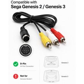 AV Cable for Sega Genesis 2 and Genesis 3, 6FT / 1.8M Composite RCA Audio Video Cable, 9-Pin Console Connector to Yellow White Red RCA Plugs, Connects Genesis 2 3 to TV