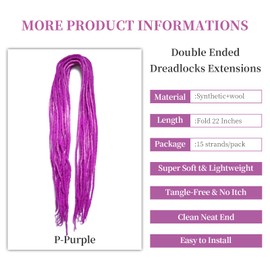 Shinon Dreadlocks Extension 22 Inch Double Ended Dreadlocks Extensions Dreads for Braiding 15 Strands P/Purple Handmade Wool Hip-Hop Reggae Braid In Dreads Dreadlock Extensions for Women