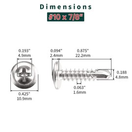 #10 x 7/8" Phillips Wafer Head Sheet Metal Tek Screws (100 pcs), 410 Stainless Steel, Phillips Drive Wafer Head Self Tapping Screws, Fayeploo (with Phillips Driver Bit)