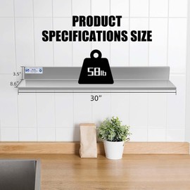 HALLY Stainless Steel Wall Shelf 8.6 x 30 Inches 58 lb, NSF Commercial Heavy Duty Wall Mount Floating Shelving for Restaurant, Kitchen, Home, Hotel and Bar, 2 Pack