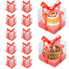Anglecai 12 Pack Clear Plastic Cupcake Boxes, 3.5 Inch Gold Single Cupcake Containers Disposable Individual Cup Cake Carrier Holder Boxes with Inserts and Ribbon (Red)