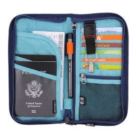 Zoppen RFID Travel Wallet & Documents Organizer Zipper Case - Family Passports Holder with Removable Wristlet Strap, Royal Blue