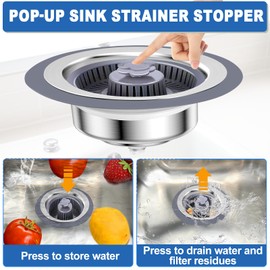 H.Romo Kitchen Sink Drain Strainer, 3 in 1 Kitchen Sink Stopper with Drain Basket, Stainless Steel Sink Bounce Core Drain Strainer for Kitchen, Pop Up Sink Drain Stopper for US Standard 3-1/2 Inch