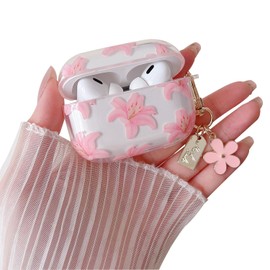 MINSCOSE Compatible with AirPods Pro/Pro2 Clear Case, Cute Flower Pattern Design with Floral Key Ring, Soft TPU Protection, Shockproof Cover for AirPods Pro/Pro2 for Women, Girls, Pink