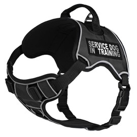 Dogline Quest No-Pull Dog Harness with Service Dog in Training Reflective Removable Patches Soft Comfortable Dog Vest with Quick Release Dual Buckles Black Hardware and Handle 15 to 18 inches Black
