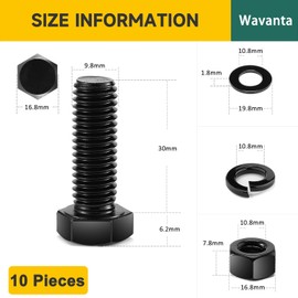 10Pcs M10 x 30mm Hex Head Bolt Screws, Black Oxide 304 Stainless Steel Nuts and Bolts, Flat & Lock Washers, Nuts and Bolts Assortment Kit by Wavanta