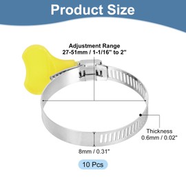 sourcing map 10Pcs Stainless Steel Hose Clamps Worm Gear Hose Clamp, 27-51mm(1-1/16" to 2") Adjustable Thumb Screw Key Type Clamps Fuel Line Clamps 8mm Bandwidth for Plumbing, Yellow